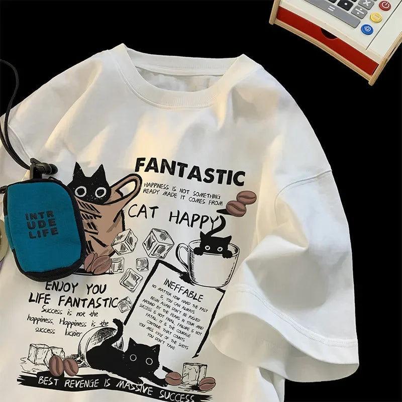 Camiseta Unisex Oversize Gato Cartoon – Estilo Coreano Parejas, Manga Corta