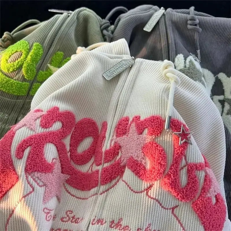 Y2K Oversized Zip-Up Hoodie with Embroidery Grey