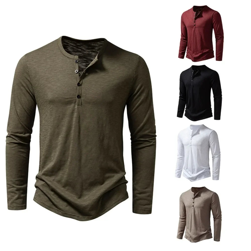 Men's Henley Neck Long Sleeve Slim Fit Button Shirt – Solid Breathable Cotton Casual Autumn