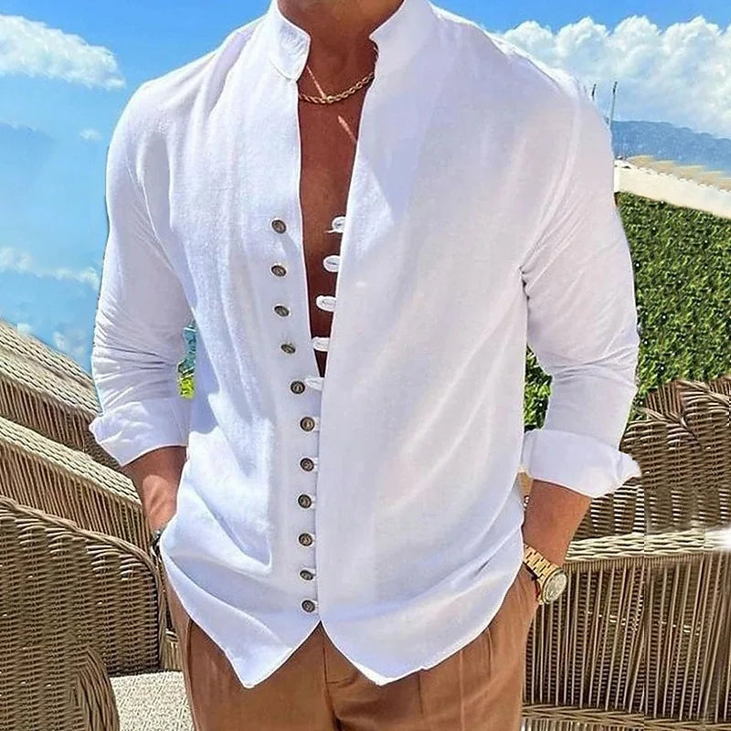 Camisa Hombre Casual Manga Larga Color Liso Holgada – Estilo Vintage Talla Grande Primavera