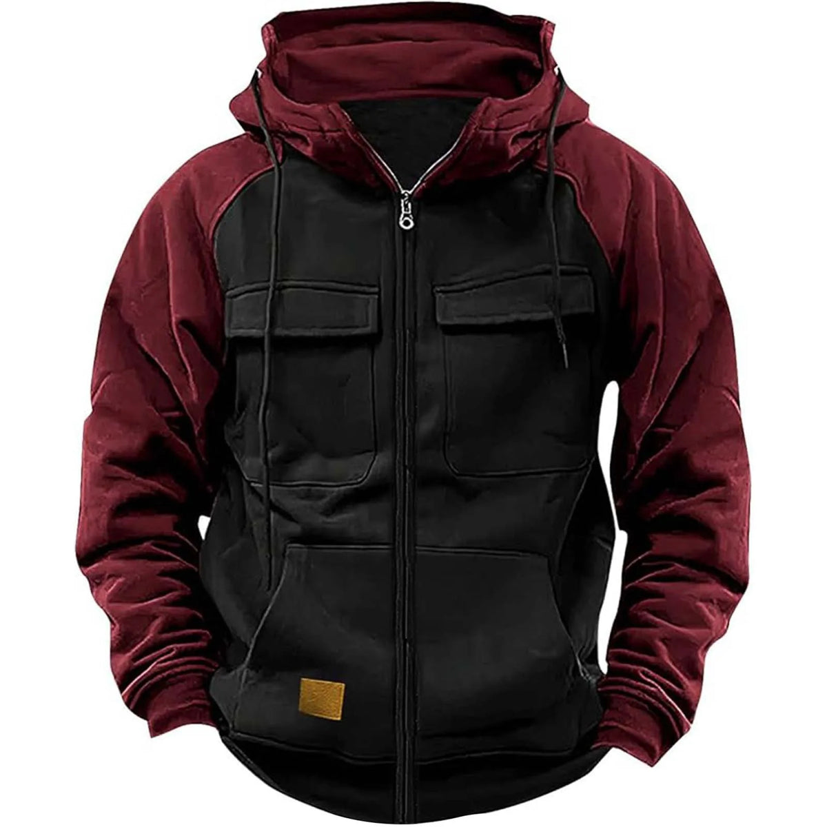 Men's Patchwork Full-Zip Fleece Hoodie – Warm Multi-Pocket Fall Winter Jacket