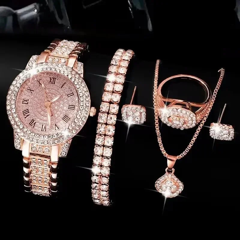 Set de Joyeria Dorada para Mujer – Reloj, Collar, Pendientes & Pulsera con Diamantes