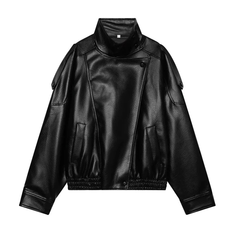 Chaqueta Mujer Polipiel Cuello Alto – Slim Fit Elegante Otoño Invierno, Colores Sólidos