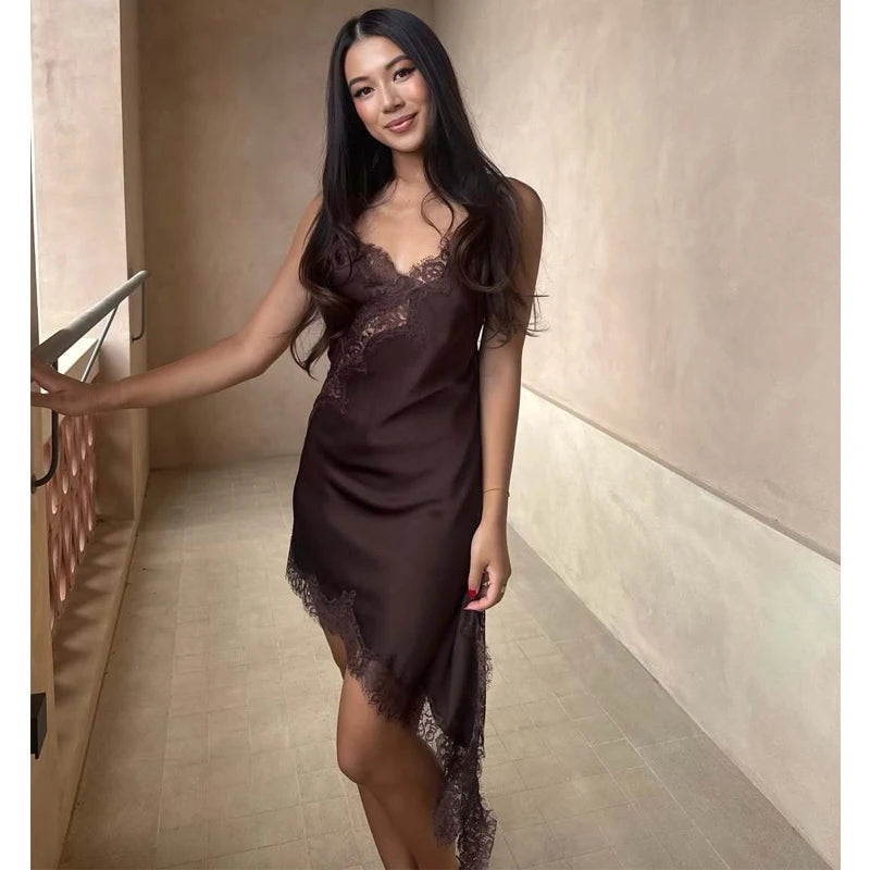 Vestido Mini Satén con Encaje Mujer – Asimétrico Sexy, Fiesta & Playa