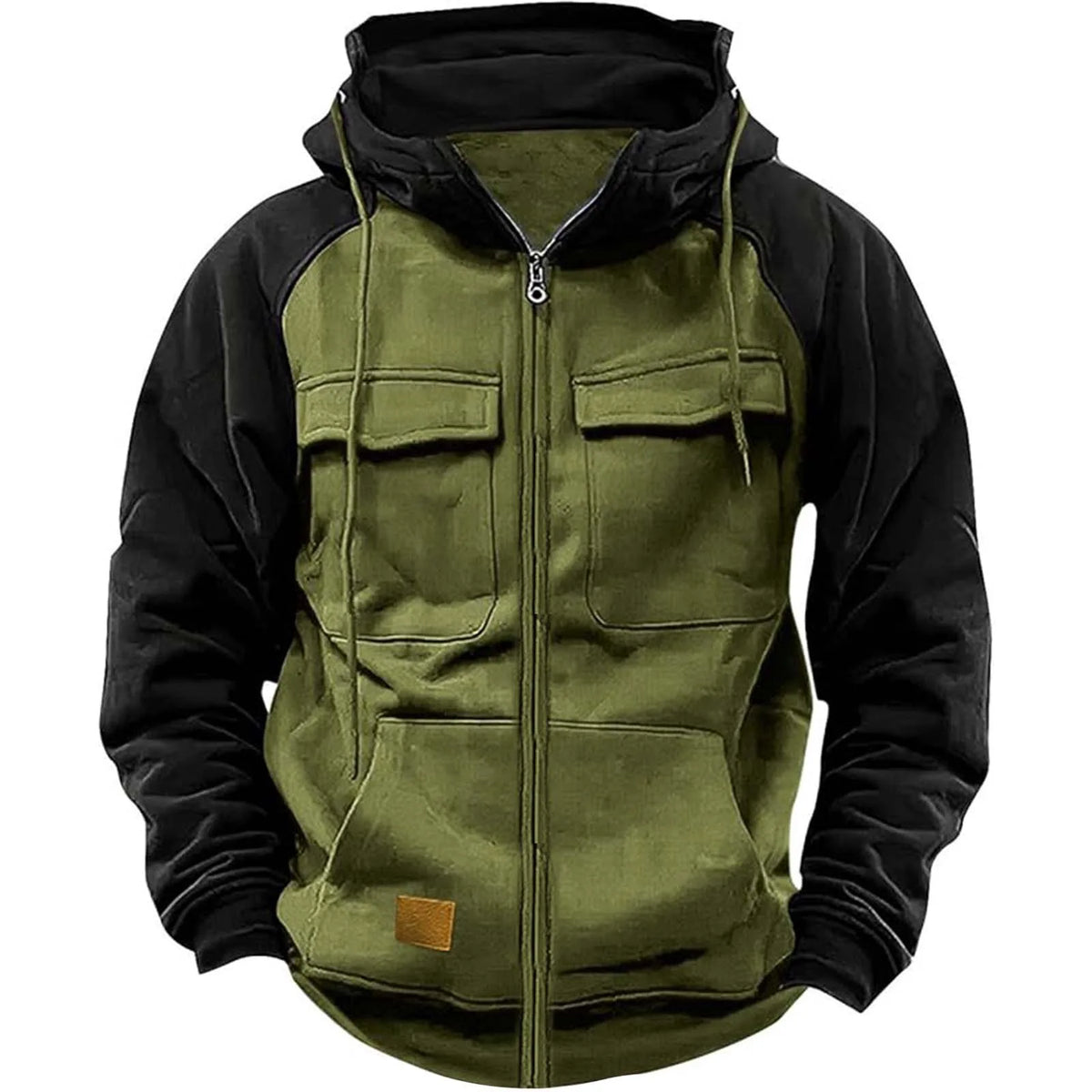 Men's Patchwork Full-Zip Fleece Hoodie – Warm Multi-Pocket Fall Winter Jacket