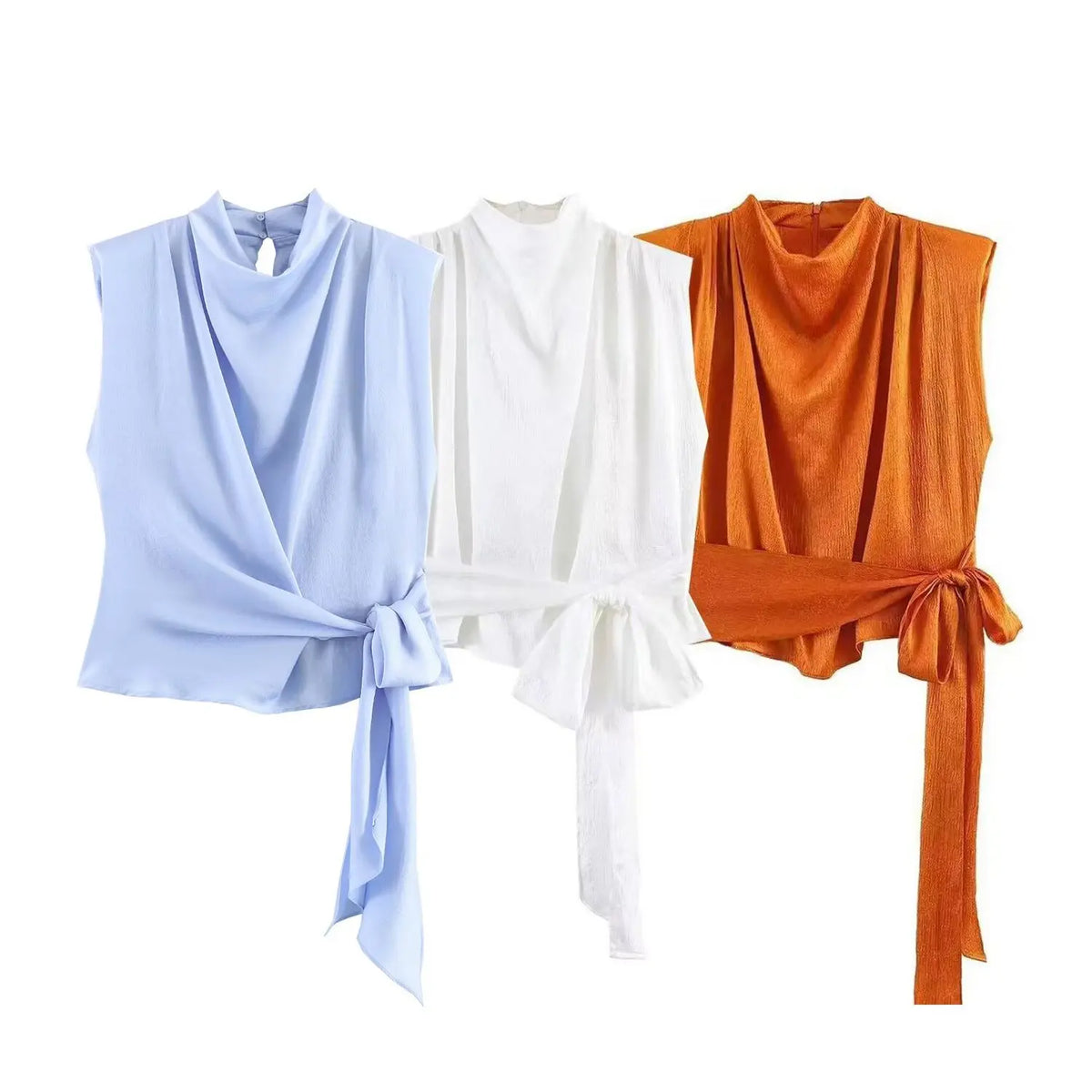Top para mujer, novedad de primavera 2026: diseño naranja sin mangas con textura satinada y lazo largo; una prenda elegante, estilosa y única que marca tendencia.