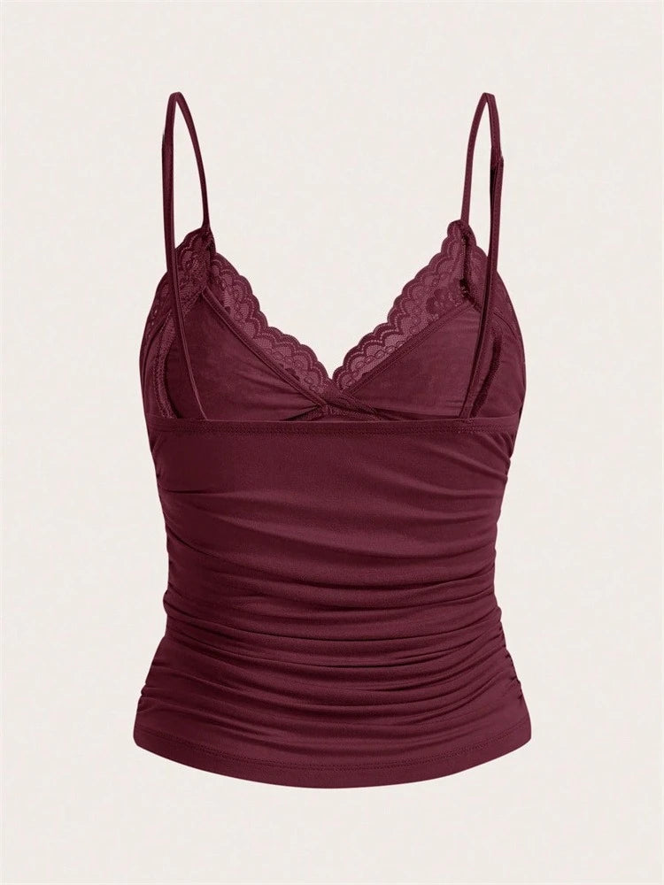 Top Cami con Encaje & Lazo Mujer – Estilo Y2K Grunge Punk, Espalda Fruncida
