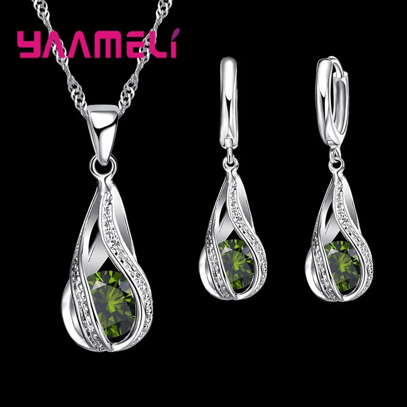 925 Sterling Silver Necklace & Earrings Set with Zirconia – Wedding & Party Jewelry, Gift