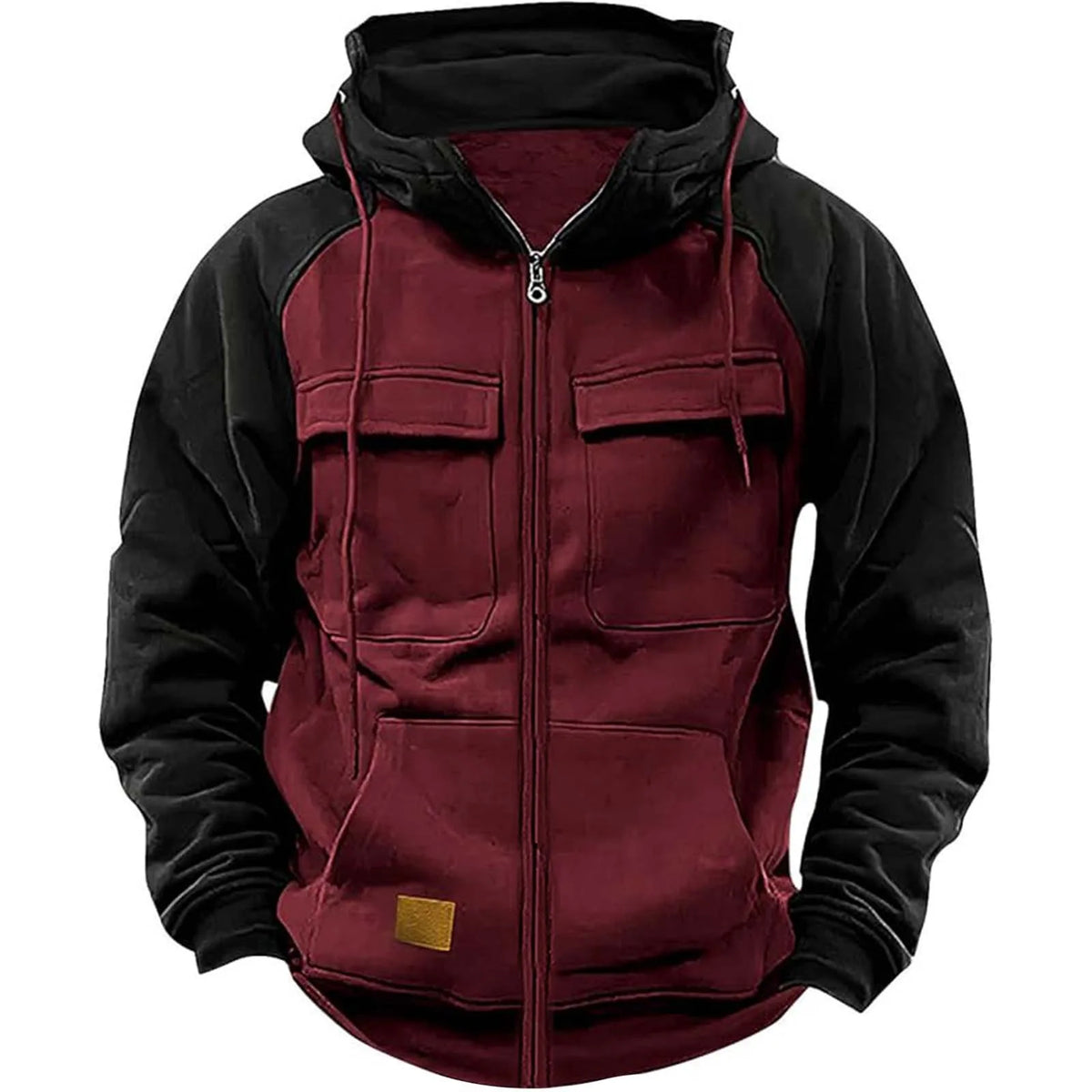 Men's Patchwork Full-Zip Fleece Hoodie – Warm Multi-Pocket Fall Winter Jacket