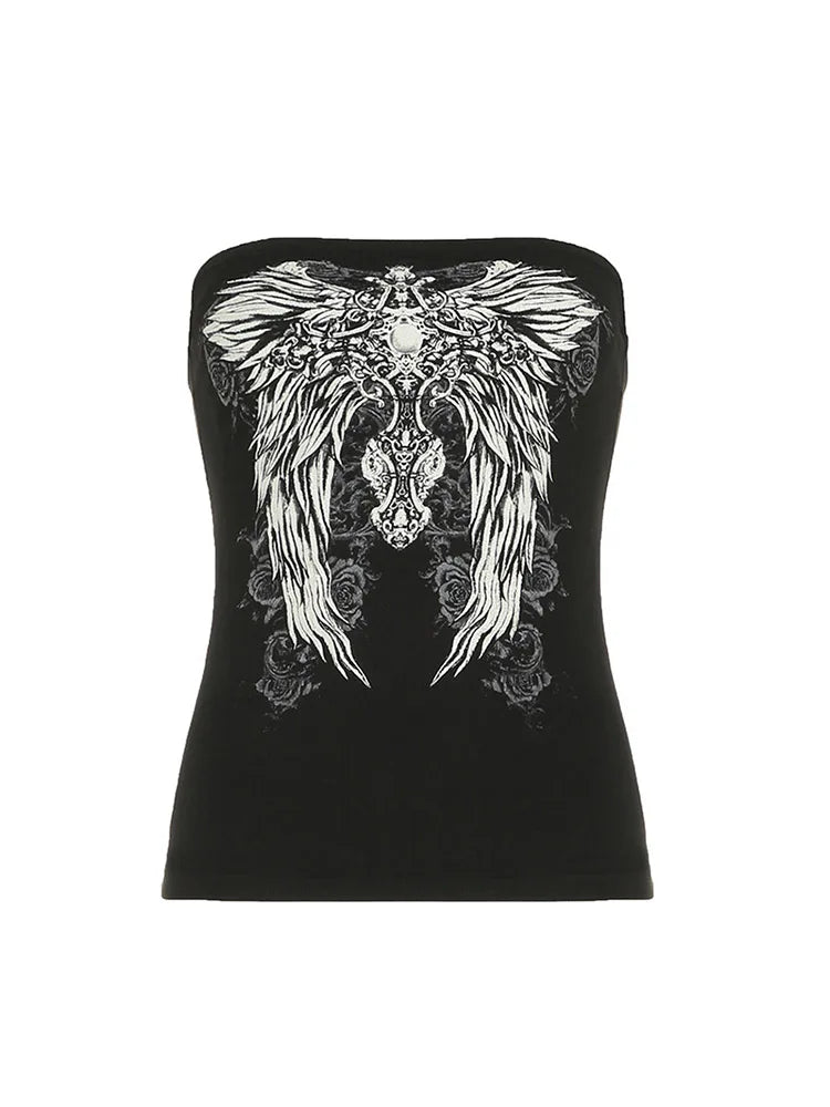Top Tubo Gótico Estampado Negro Mujer – Cropped Y2K Streetwear Verano