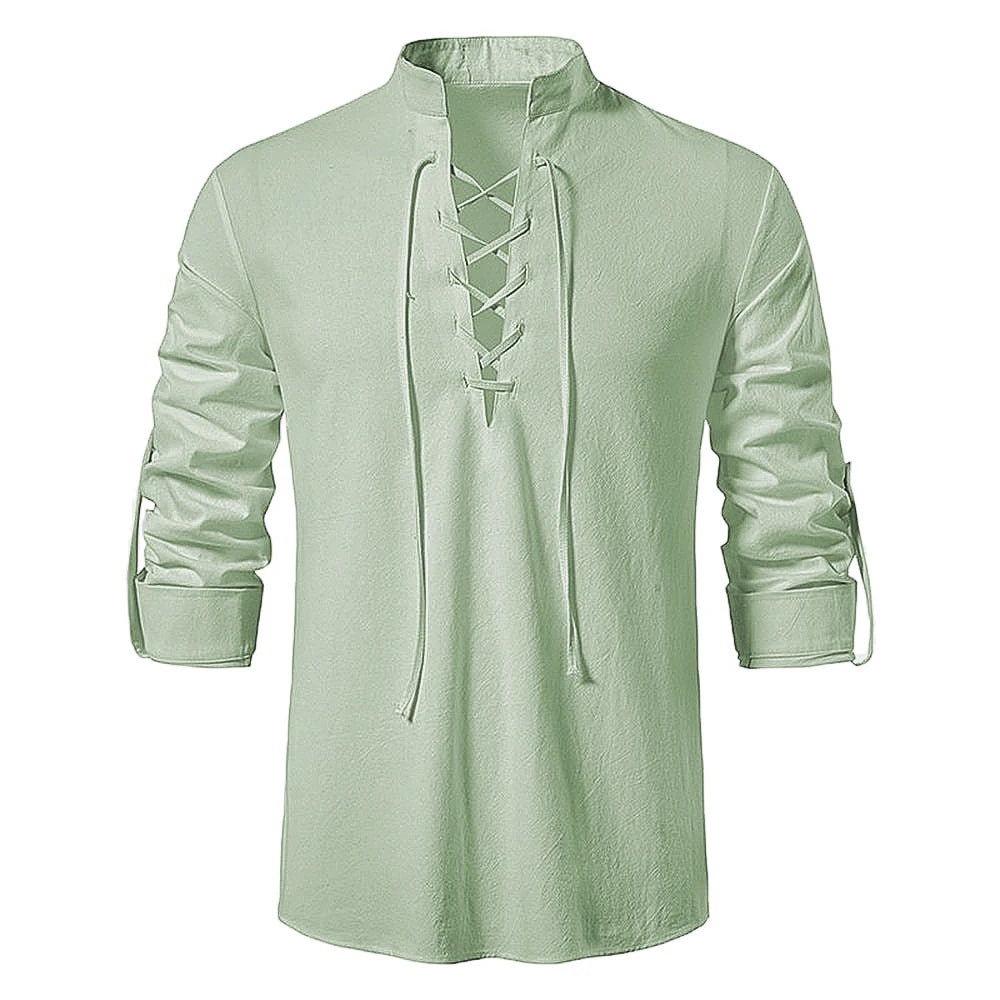 Camisa Hombre Lino Algodón Manga Larga Tapeta Diagonal – Estilo Vintage Yoga Casual Primavera Otoño