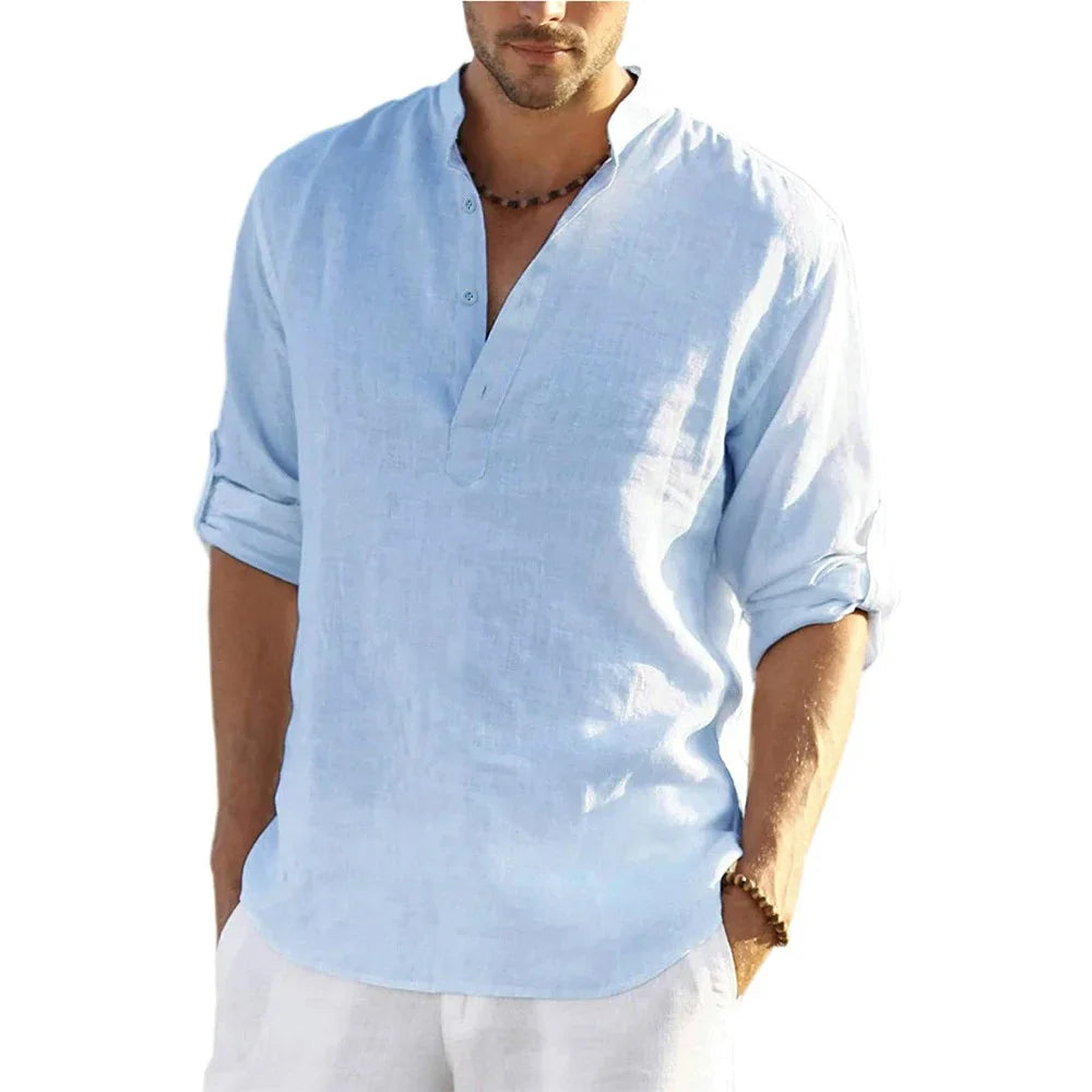 Camisa Hombre Lino Algodón Manga Larga – Suelta Casual Primavera Otoño, Talla S-3XL