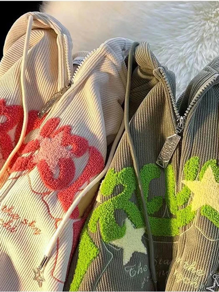 Y2K Oversized Zip-Up Hoodie with Embroidery Grey