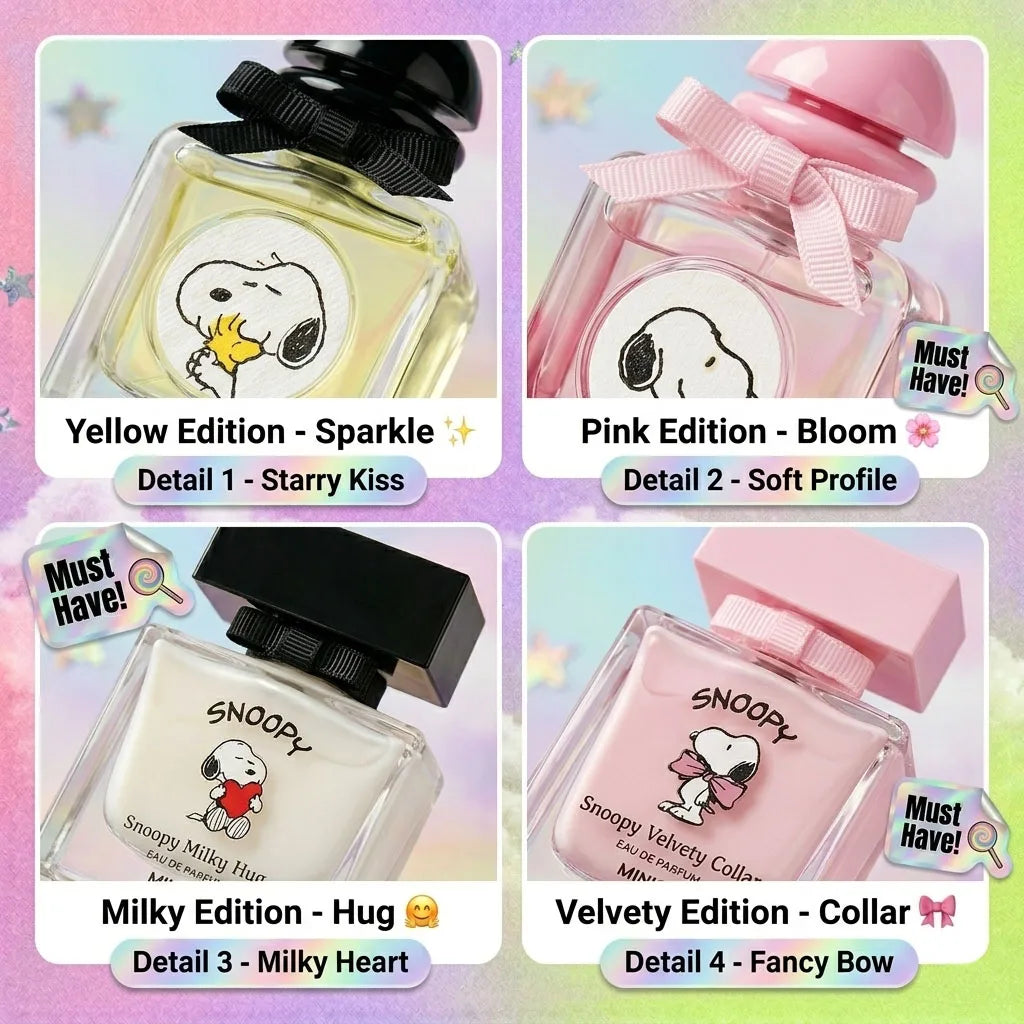 Miniso Snoopy Peanuts Women's Eau De Toilette, Comforting Fruity Floral Scent with Strawberry, Rose & Vanilla Sweetness, Pink Square Bottle, Gift for Women