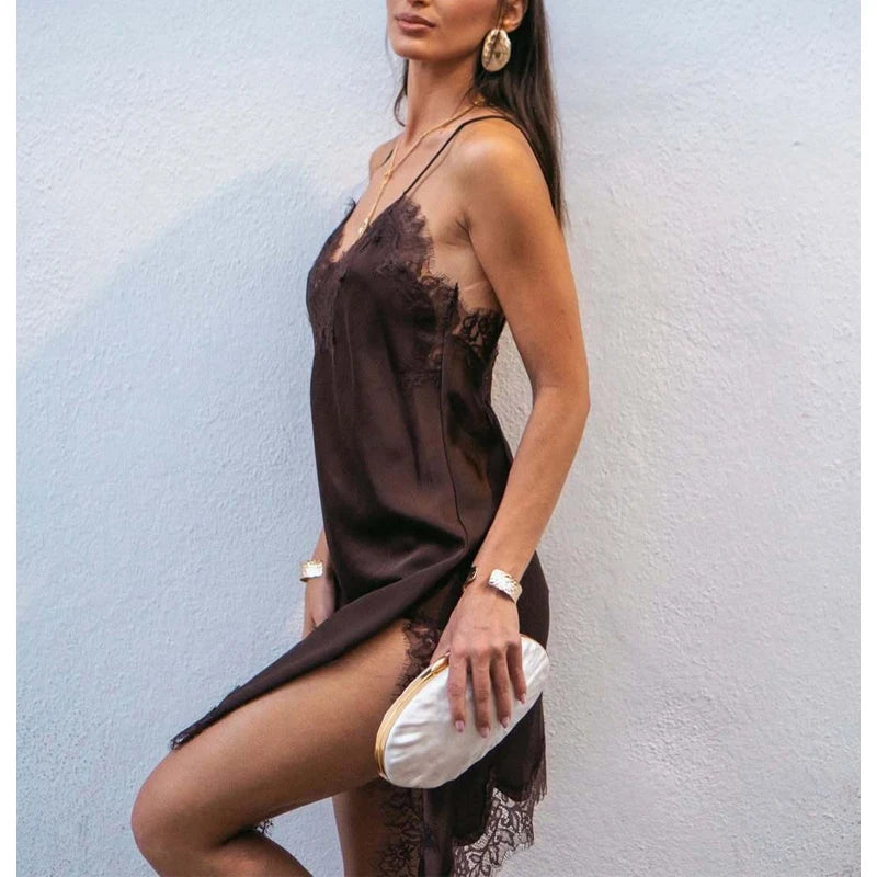 Vestido Mini Satén con Encaje Mujer – Asimétrico Sexy, Fiesta & Playa