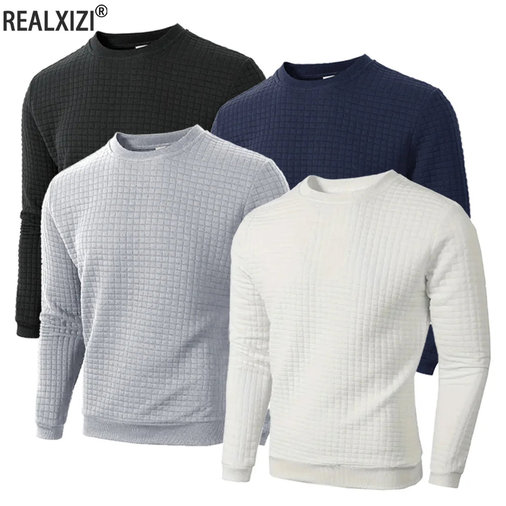 Jersey Hombre Cuello Redondo Jacquard Cuadros – Slim Fit Casual Streetwear Otoño