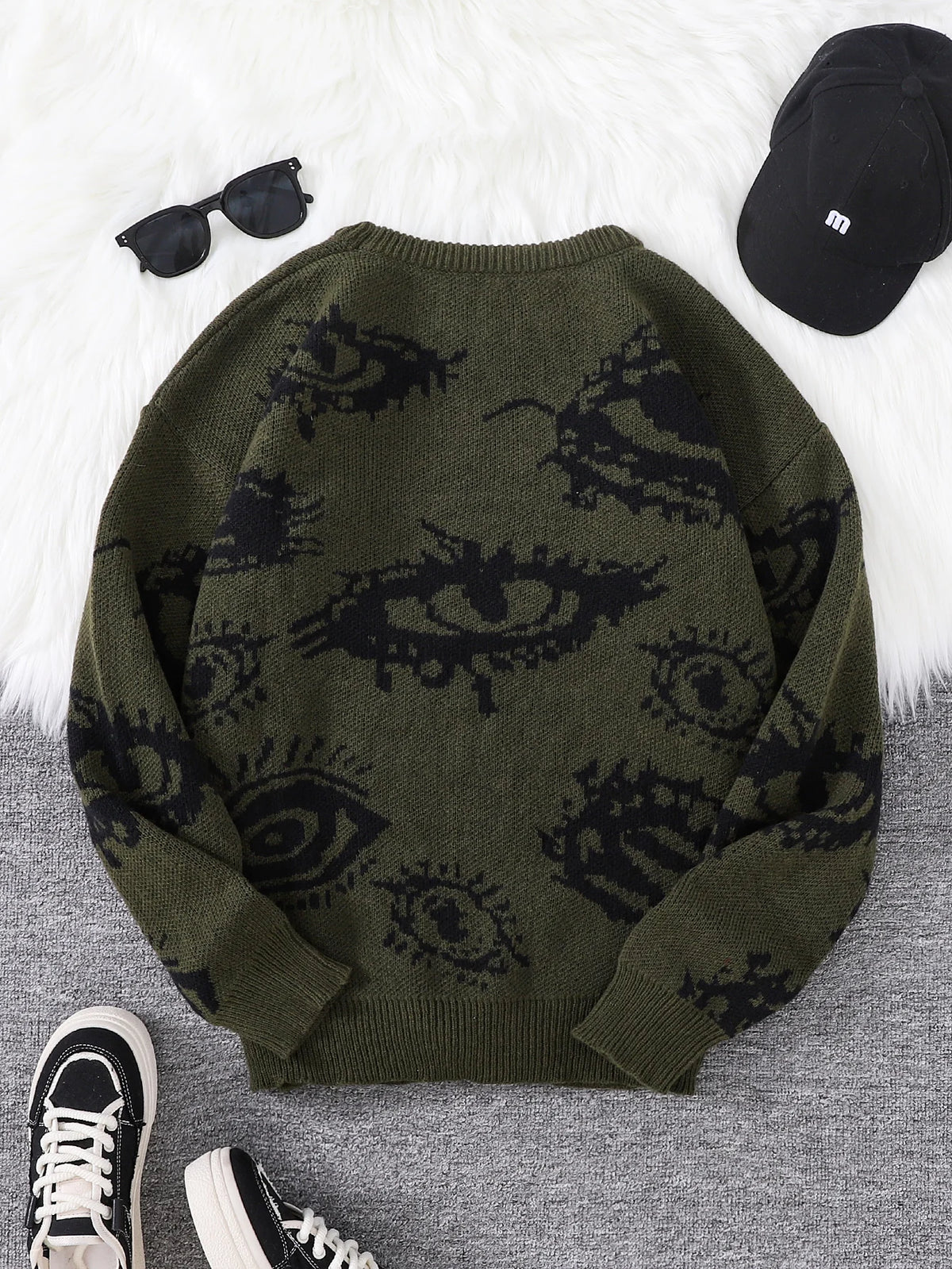 Abstract Eye Motif Jacquard Sweater – Casual Fall-Winter Pullover