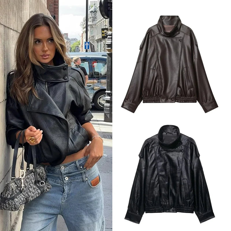 Chaqueta Mujer Polipiel Cuello Alto – Slim Fit Elegante Otoño Invierno, Colores Sólidos