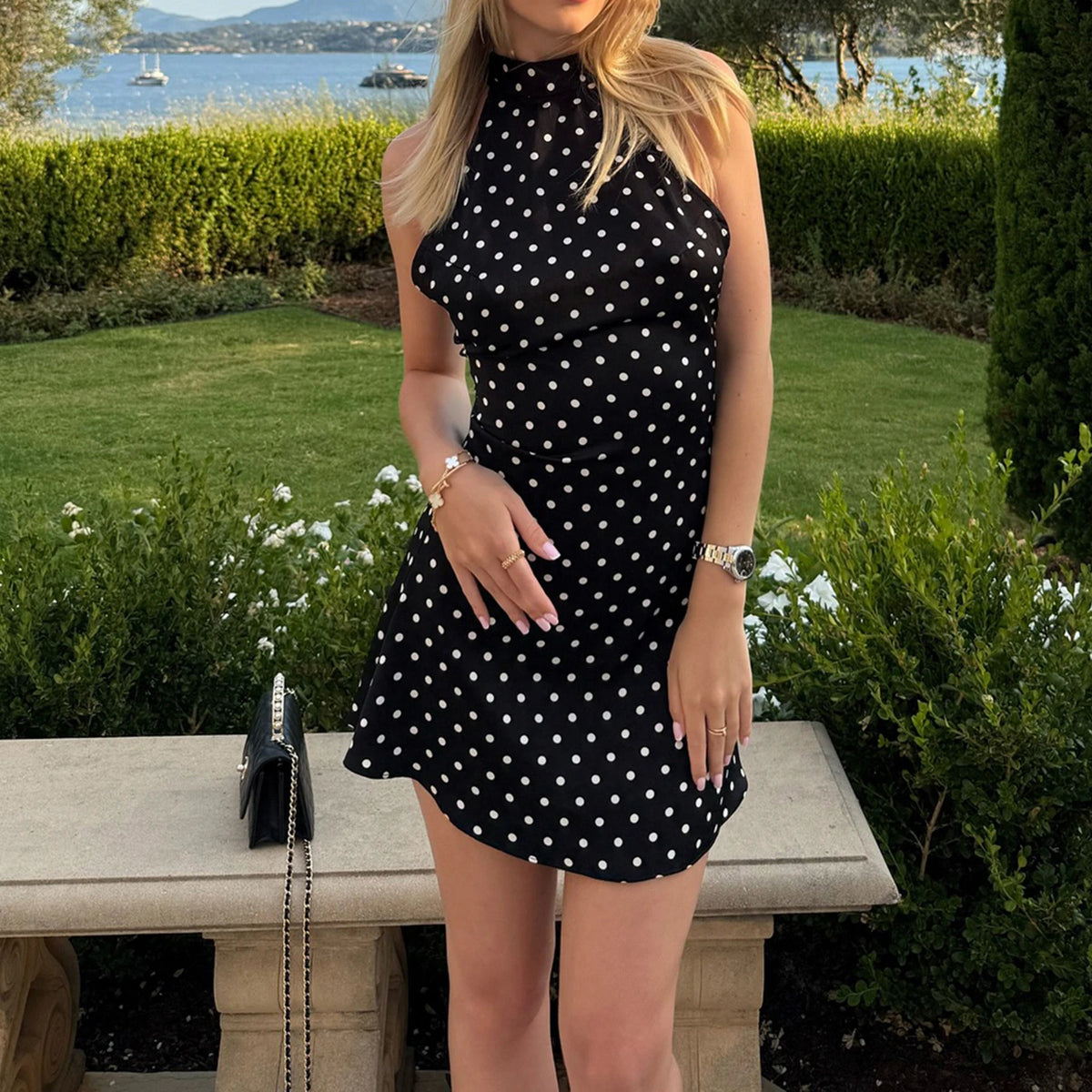 Women's Polka Dot Halter Mini Dress – Elegant, Backless, Party