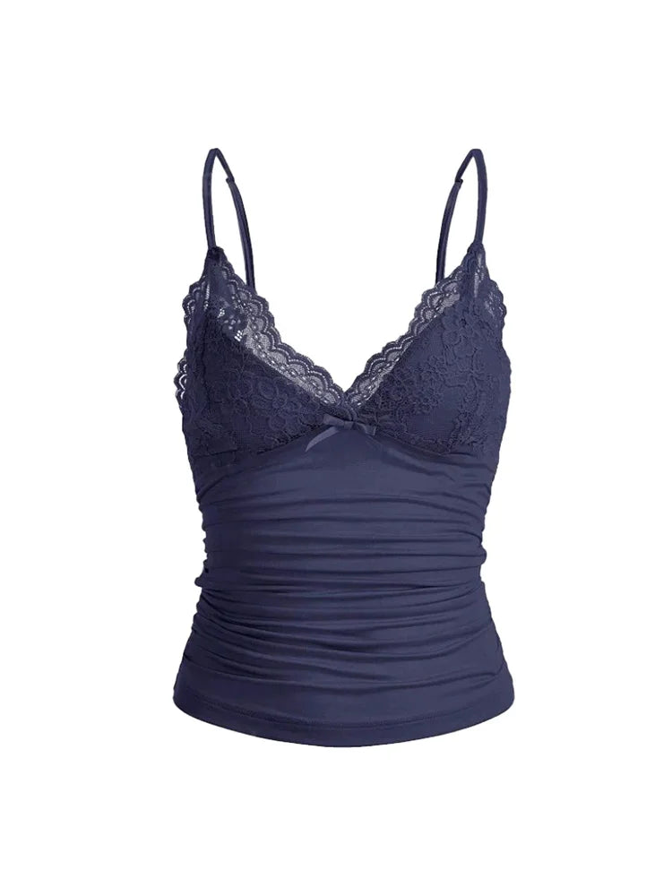 Top Cami con Encaje & Lazo Mujer – Estilo Y2K Grunge Punk, Espalda Fruncida