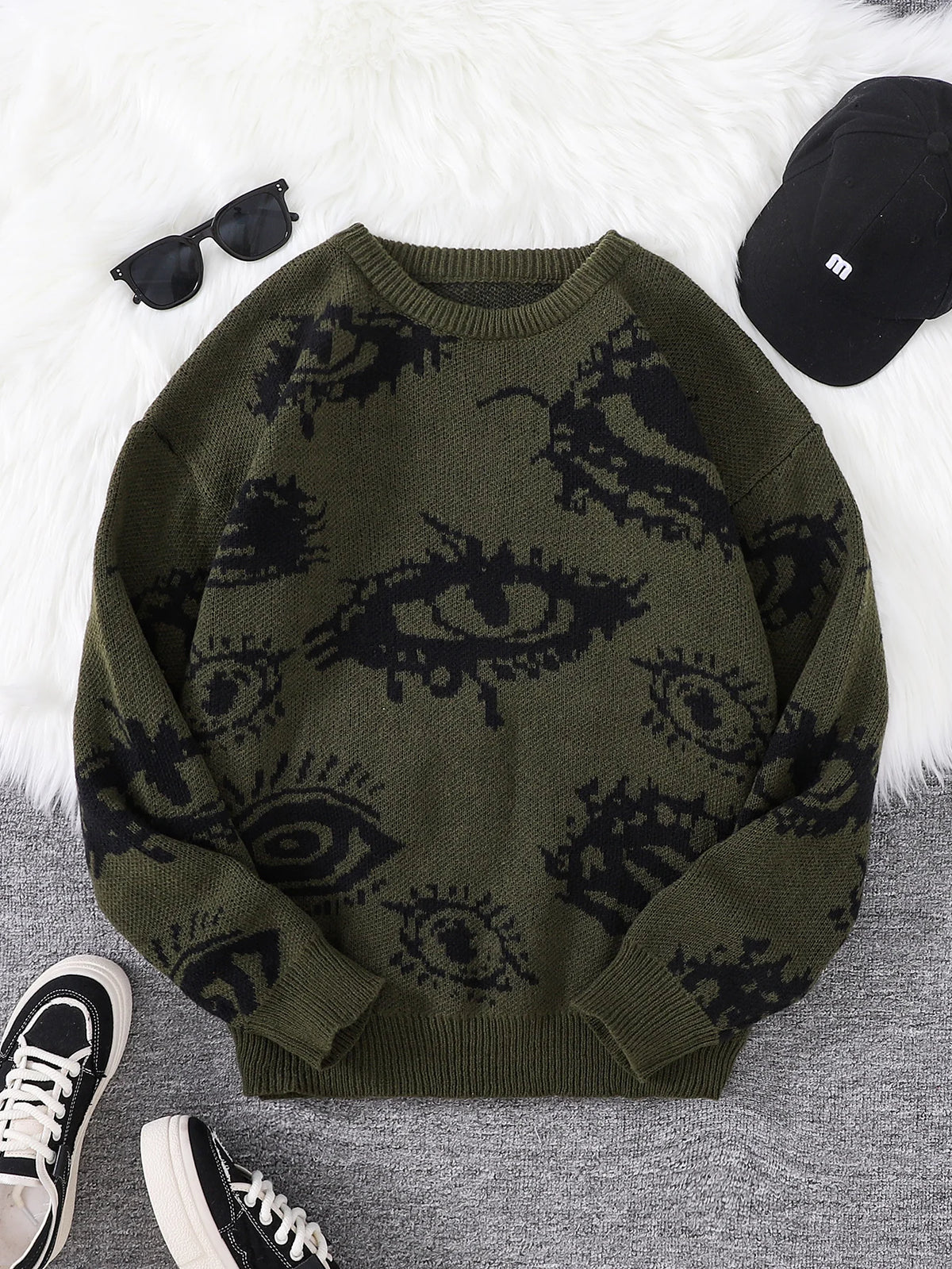 Abstract Eye Motif Jacquard Sweater – Casual Fall-Winter Pullover