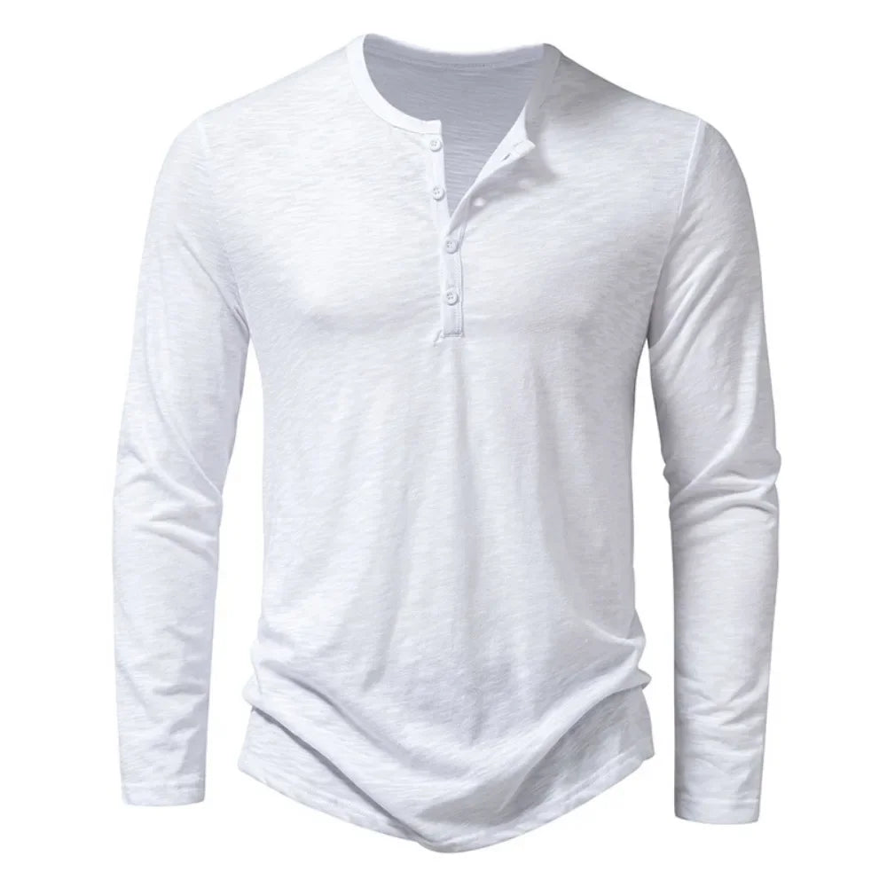 Men's Henley Neck Long Sleeve Slim Fit Button Shirt – Solid Breathable Cotton Casual Autumn