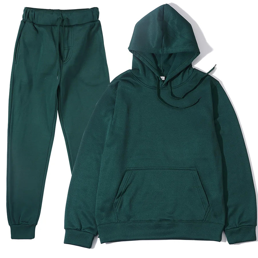 Conjunto Chándal Hombre 2 Piezas Hoodie + Pantalón – Deportivo Casual Color Sólido, Talla S-3XL