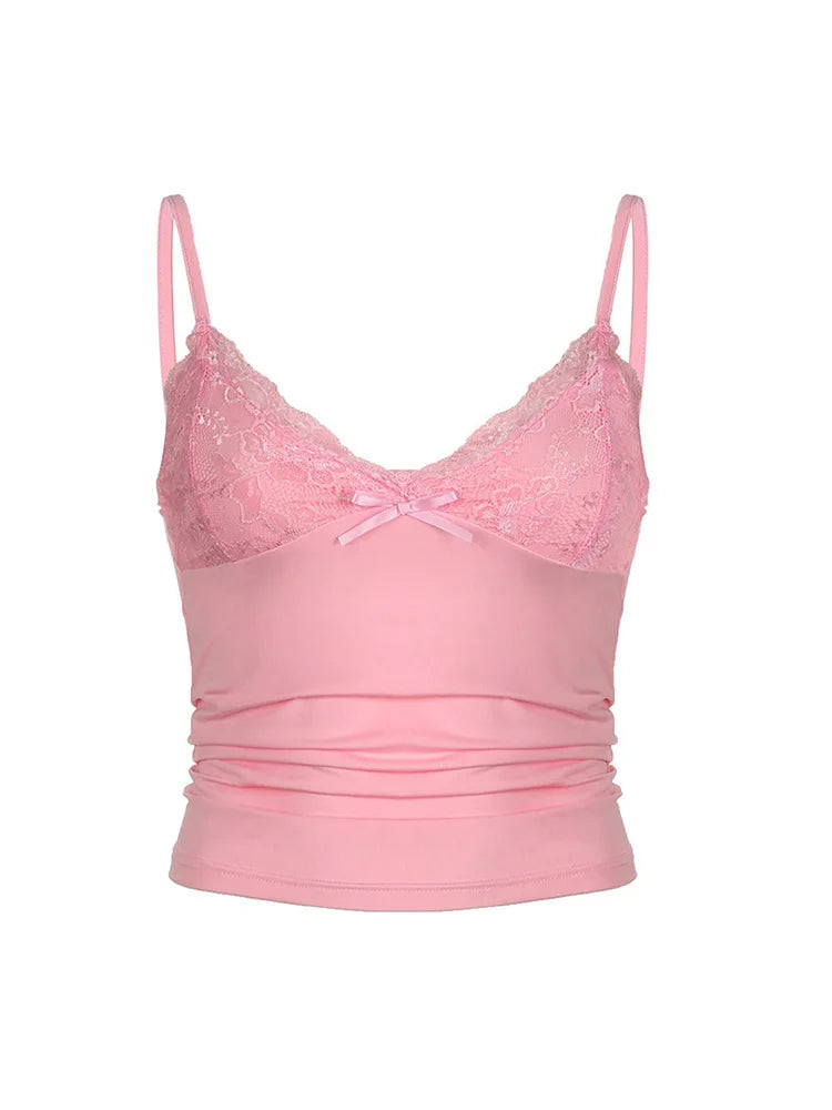Top Cami con Encaje & Lazo Mujer – Estilo Y2K Grunge Punk, Espalda Fruncida