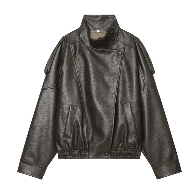Chaqueta Mujer Polipiel Cuello Alto – Slim Fit Elegante Otoño Invierno, Colores Sólidos