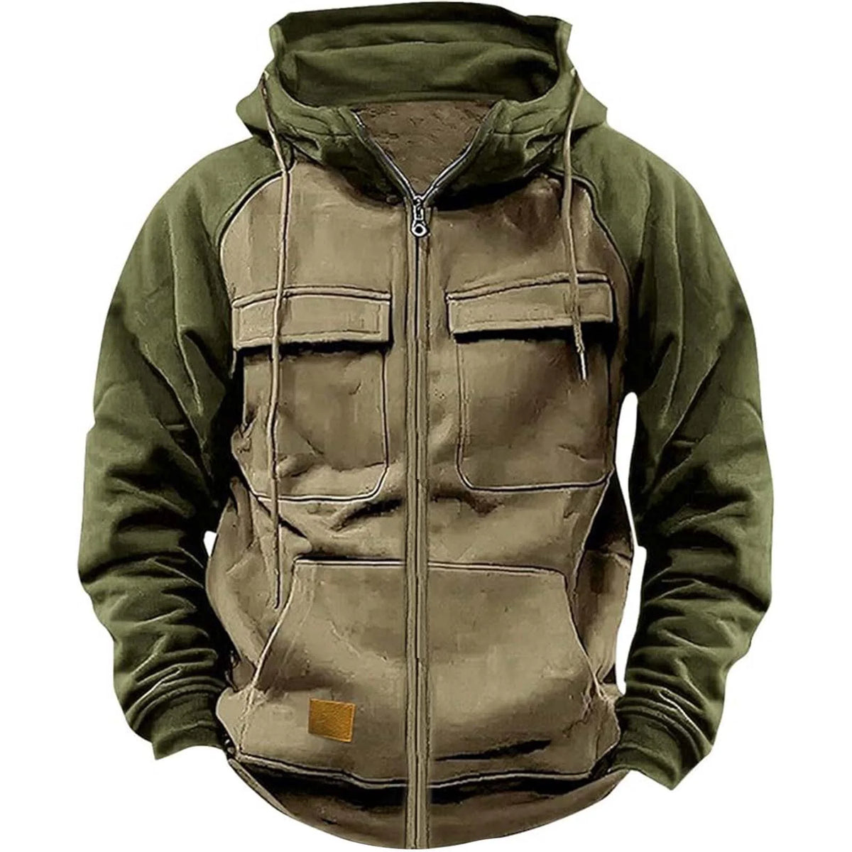 Men's Patchwork Full-Zip Fleece Hoodie – Warm Multi-Pocket Fall Winter Jacket
