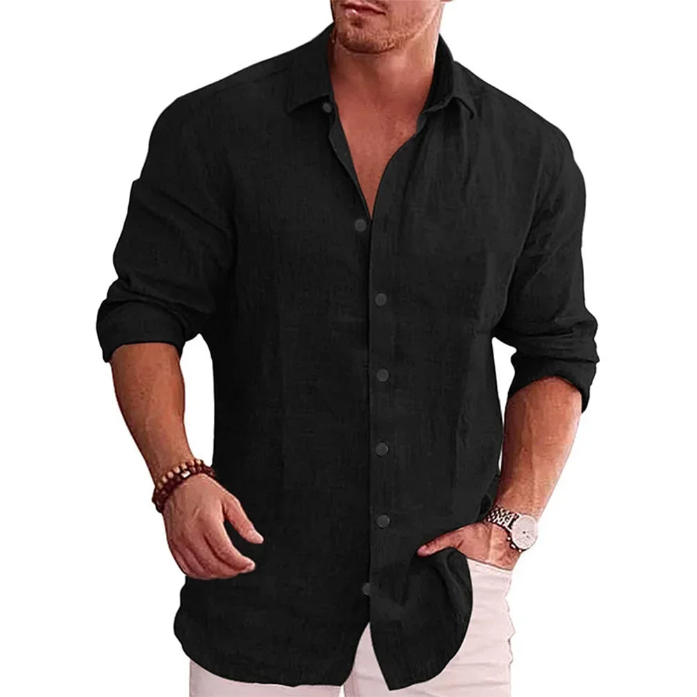 Men's Cotton Linen Long Sleeve Solid Color Shirt – Casual Plus Size