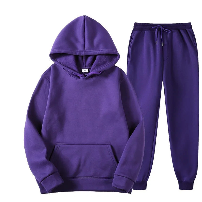 Conjunto Chándal Hombre 2 Piezas Hoodie + Pantalón – Deportivo Casual Color Sólido, Talla S-3XL