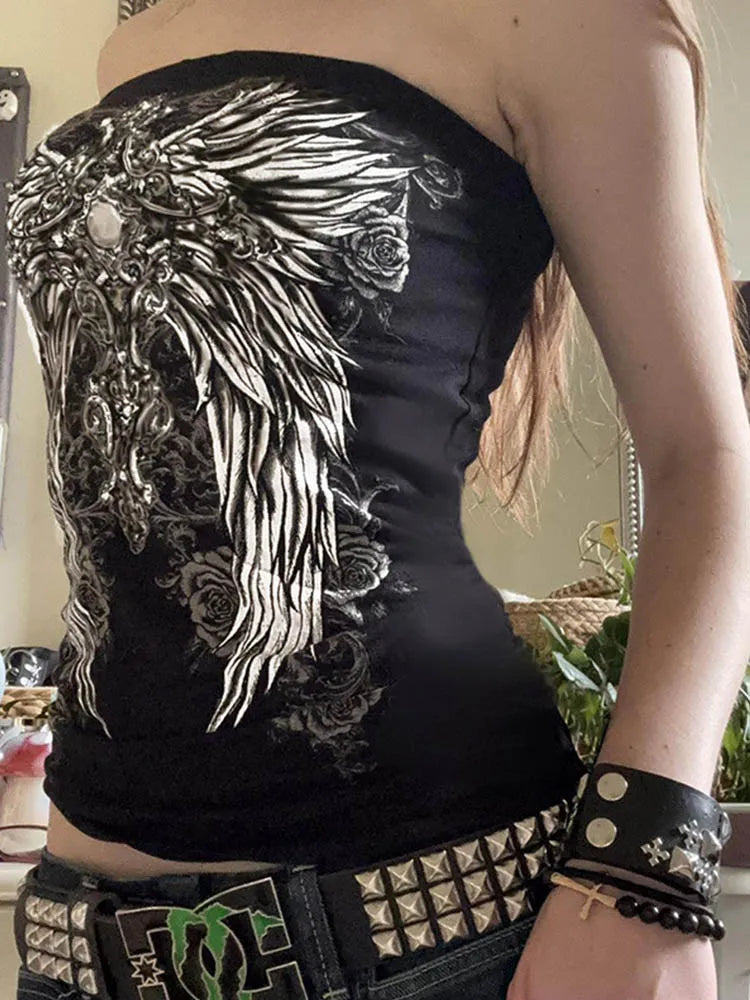 Top Tubo Gótico Estampado Negro Mujer – Cropped Y2K Streetwear Verano