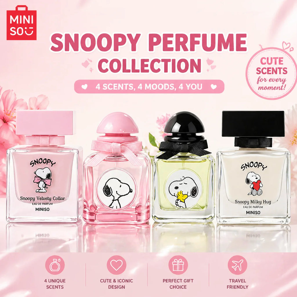Miniso Snoopy Peanuts Women's Eau De Toilette, Comforting Fruity Floral Scent with Strawberry, Rose & Vanilla Sweetness, Pink Square Bottle, Gift for Women
