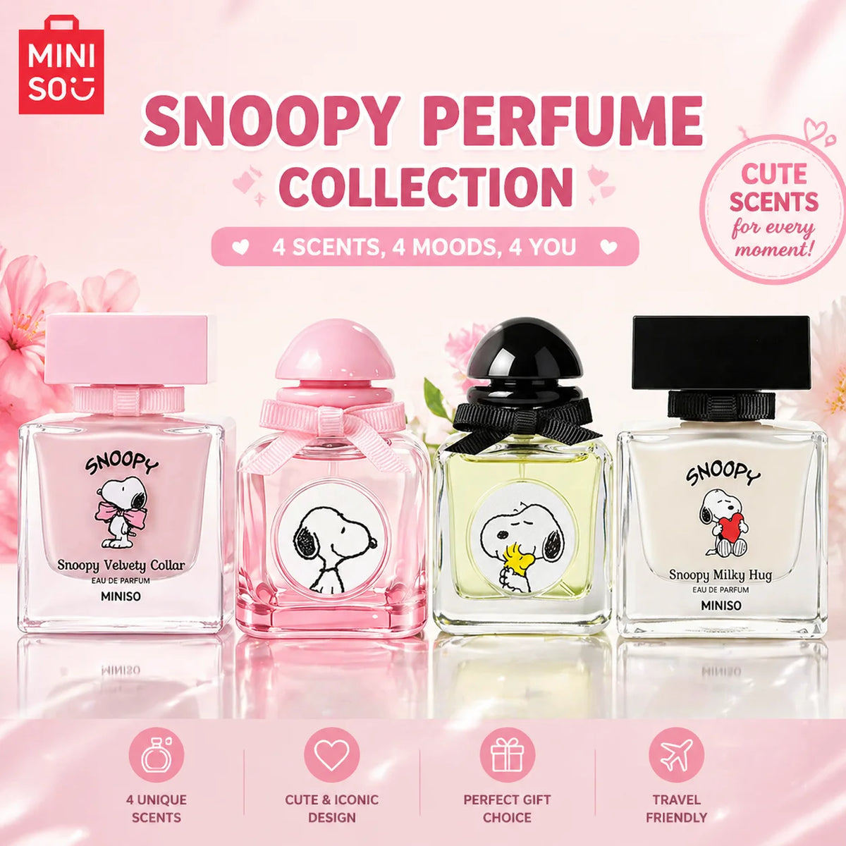 Miniso Snoopy Peanuts Women's Eau De Toilette Comforting Fruity Floral Scent with Strawberry Rose & Vanilla Sweetness Pink Square Bottle Gift for Women