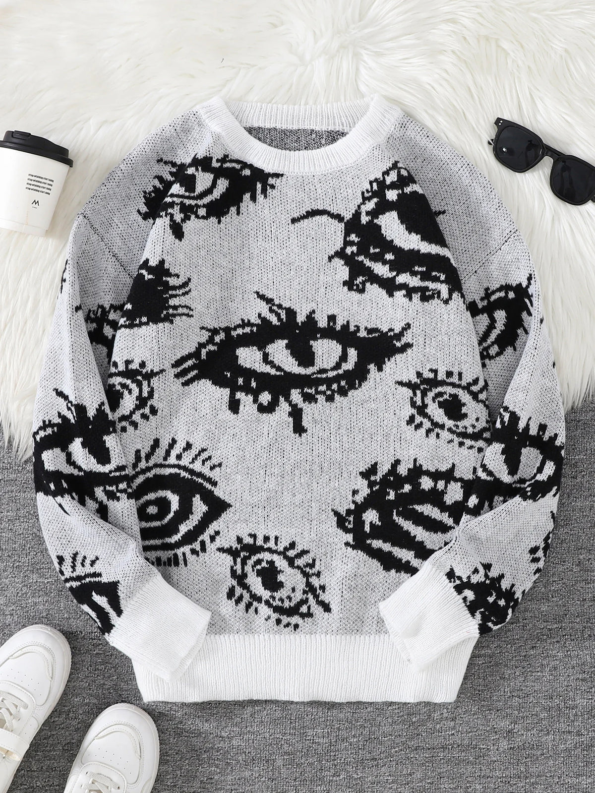 Abstract Eye Motif Jacquard Sweater – Casual Fall-Winter Pullover