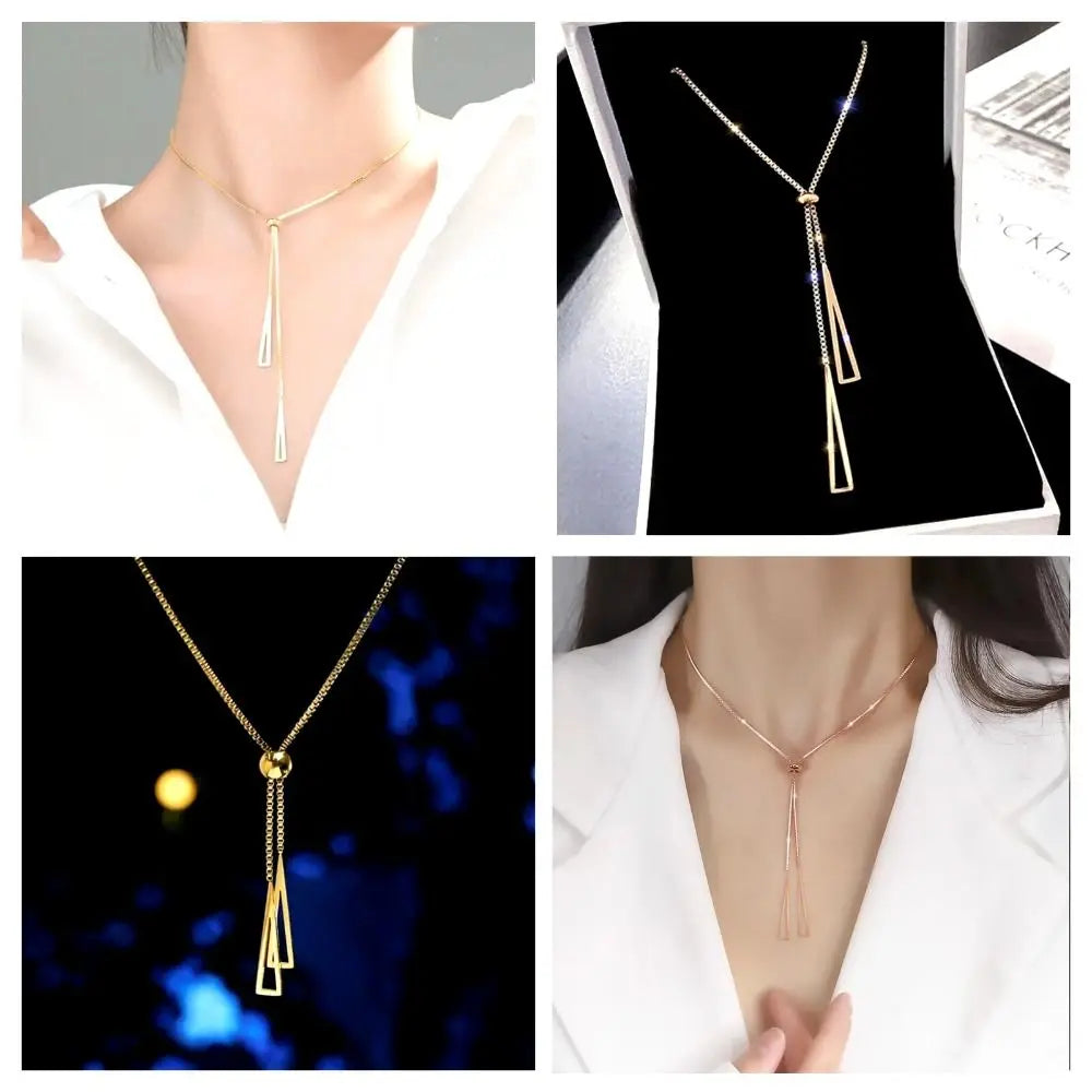 Collar Triángulo con Flecos Boho – Cadena Larga Dorada Clavicular Moda Chic