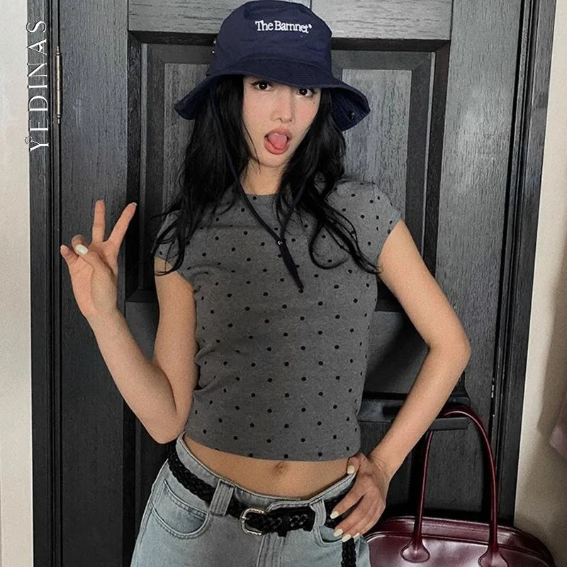 Camiseta Yedinas Streetwear de lunares para mujer, manga corta, estilo coreano, ajustada, vintage, tops de verano, camisetas Y2K, chic
