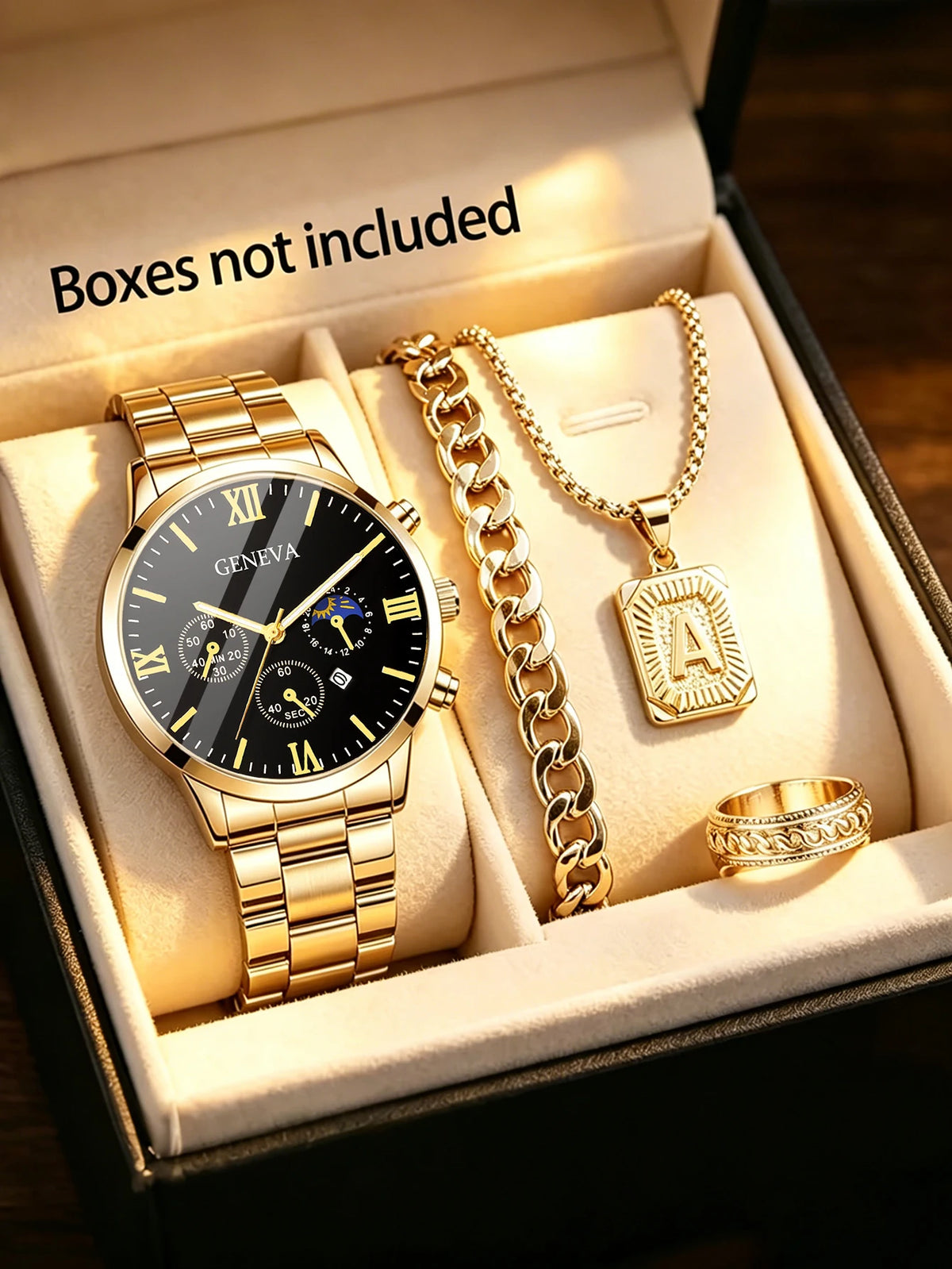 Set Reloj Cuarzo para Hombre – Pulsera, Collar & Anillo, Calendario, Regalo Elegante