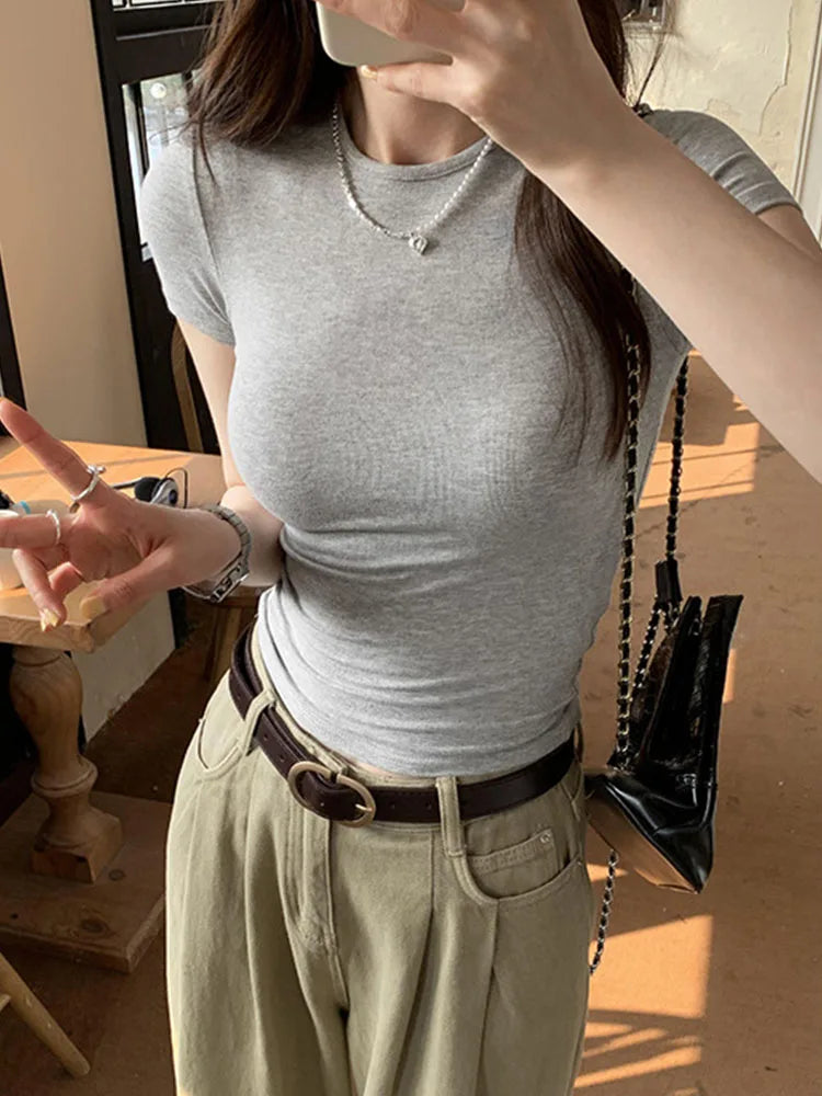 Camiseta Crop Básica Manga Corta Mujer – Vintage Harajuku Streetwear Y2K