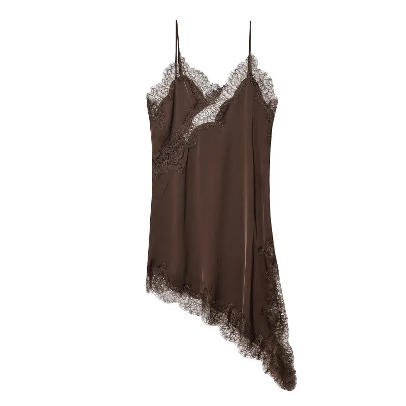Vestido Mini Satén con Encaje Mujer – Asimétrico Sexy, Fiesta & Playa