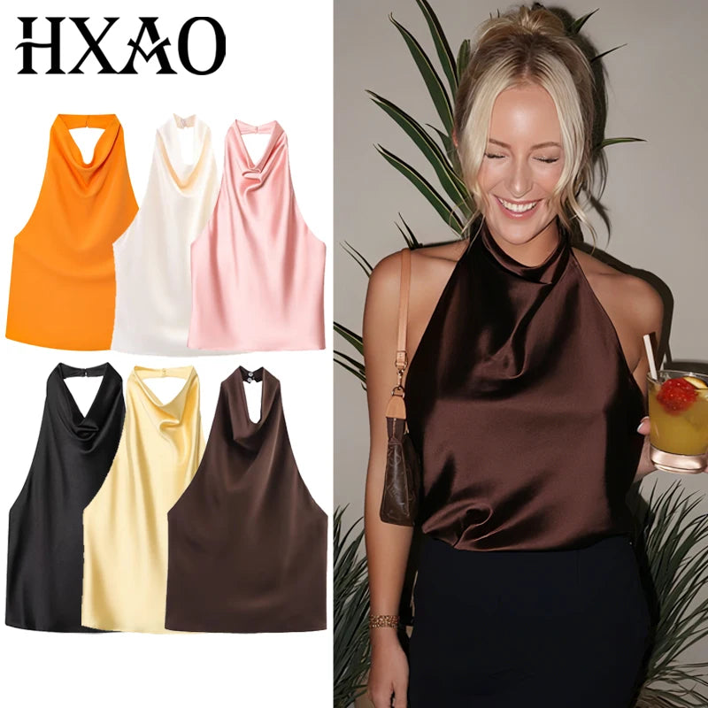 Women's Satin Halter Corset Top – Elegant Backless, Yellow, Pink & Black