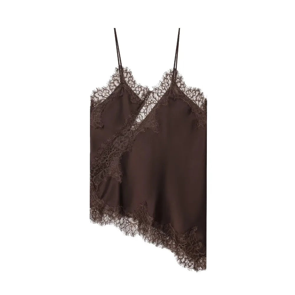 Top Camisola Asimétrica Encaje Mujer – Sin Espalda Elegante, Cuello V Sexy