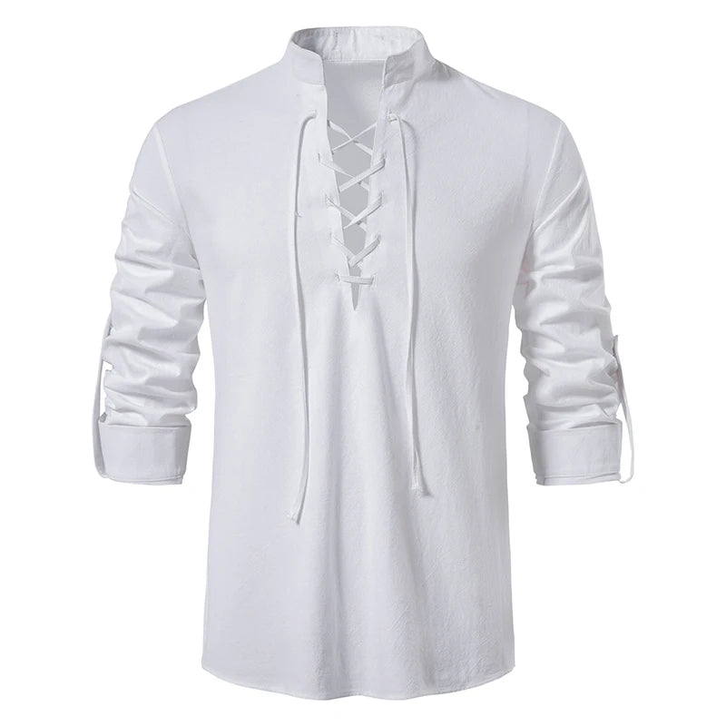 Camisa Hombre Lino Algodón Manga Larga Tapeta Diagonal – Estilo Vintage Yoga Casual Primavera Otoño