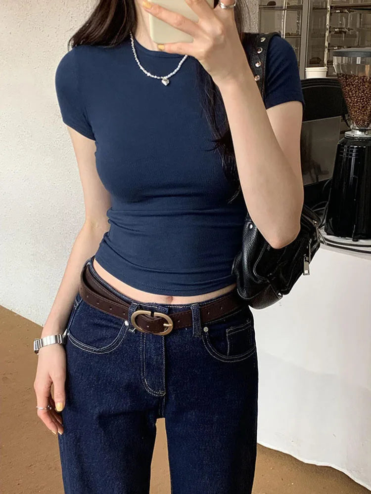 Camiseta Crop Básica Manga Corta Mujer – Vintage Harajuku Streetwear Y2K