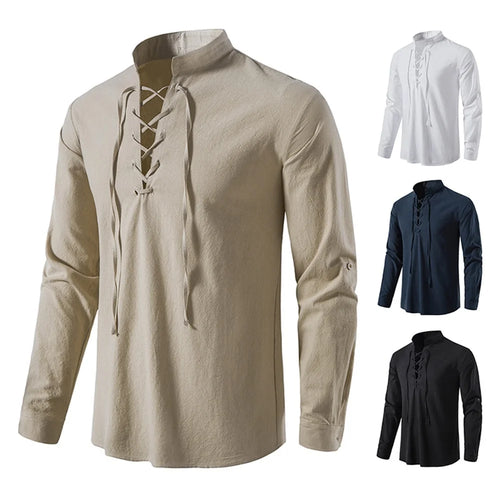 Camisa Hombre Lino Algodón Manga Larga Tapeta Diagonal – Estilo Vintage Yoga Casual Primavera Otoño
