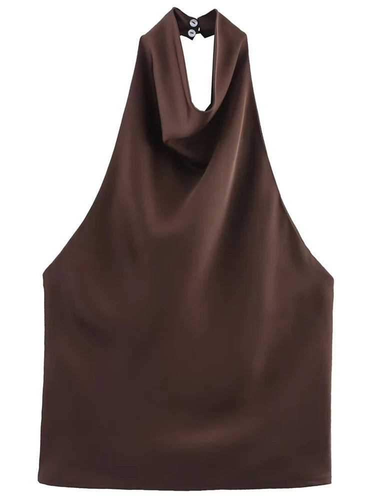 Top Corsé Halter Satén Mujer – Sin Espalda Elegante, Amarillo, Rosa & Negro