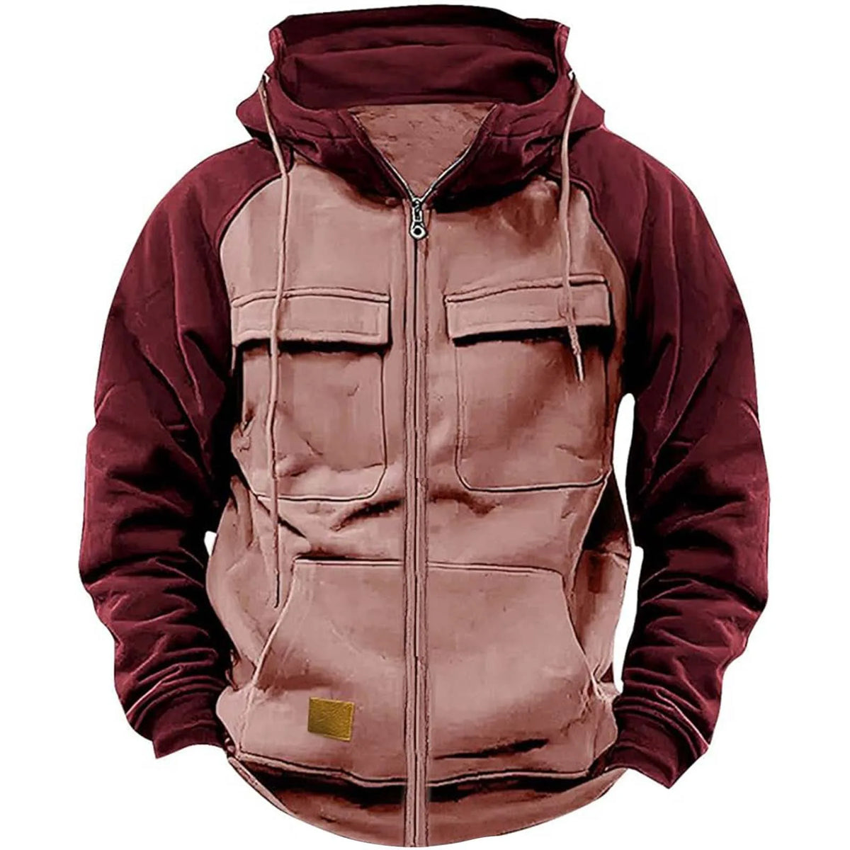 Men's Patchwork Full-Zip Fleece Hoodie – Warm Multi-Pocket Fall Winter Jacket