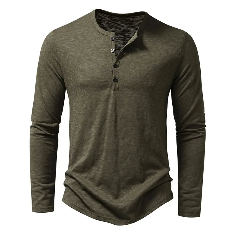 Men's Henley Neck Long Sleeve Slim Fit Button Shirt – Solid Breathable Cotton Casual Autumn