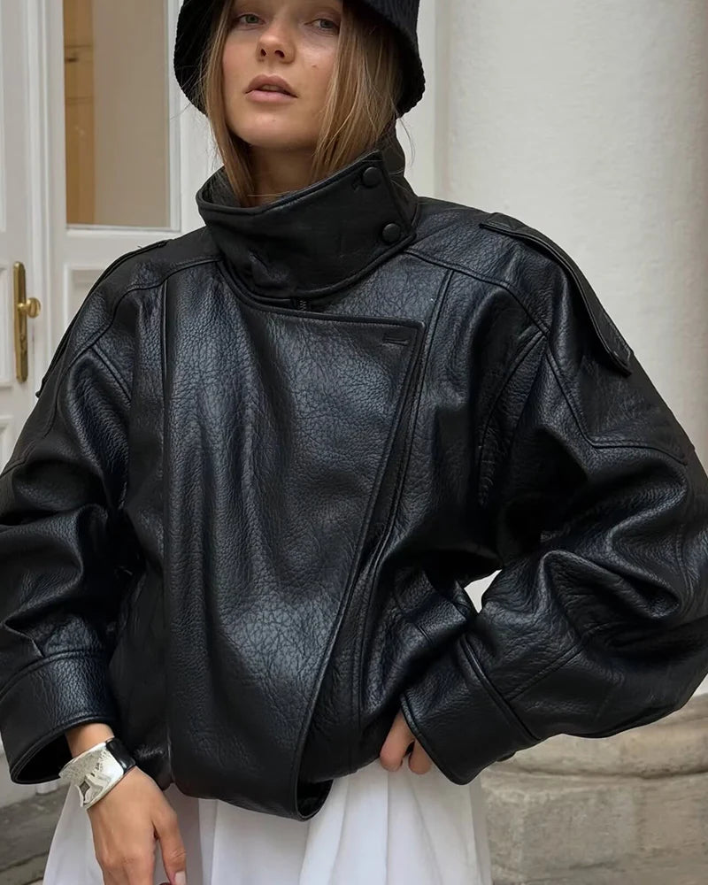 Chaqueta Mujer Polipiel Cuello Alto – Slim Fit Elegante Otoño Invierno, Colores Sólidos